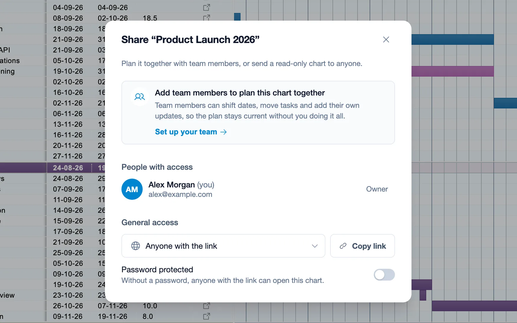 The share dialog with general access set to anyone with the link