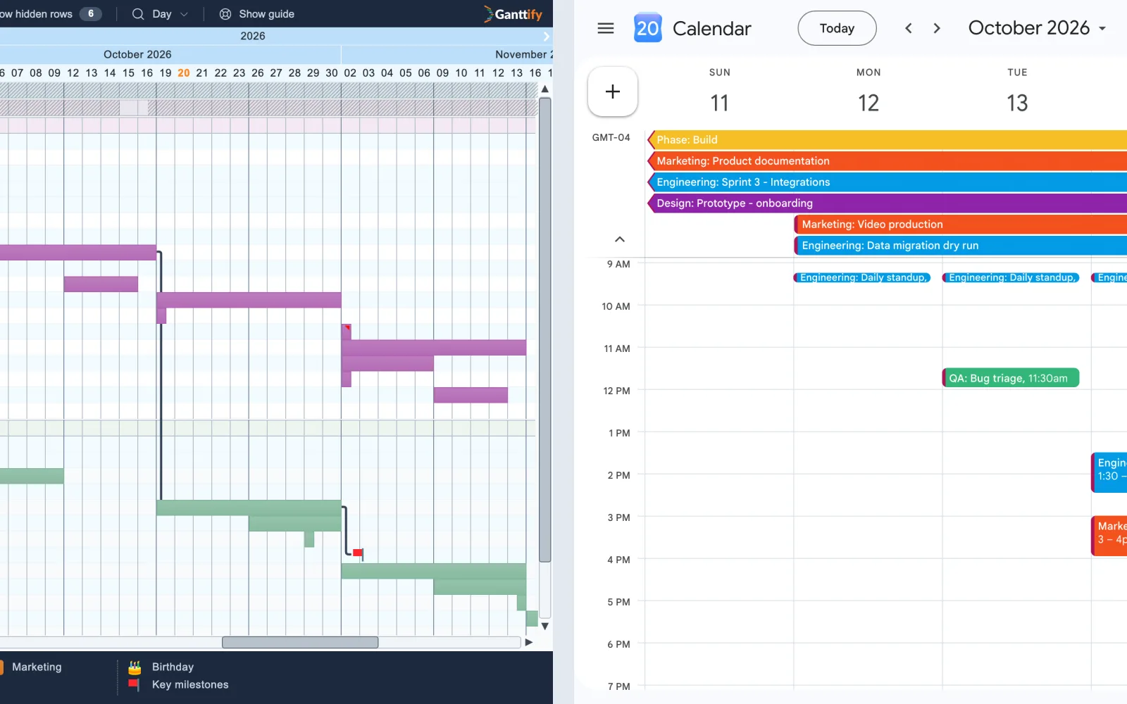 The same events on a Ganttify Gantt chart and in a Google Calendar week view