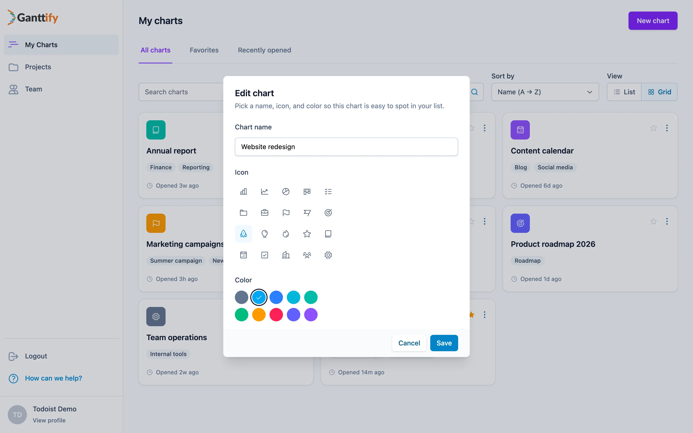 The chart edit dialog where you pick a name, icon, and color for your Gantt chart