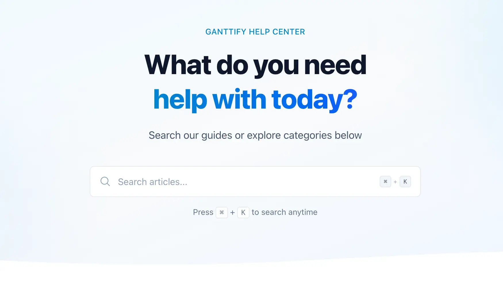 Screenshot of the redesigned Ganttify help center with improved search and category navigation