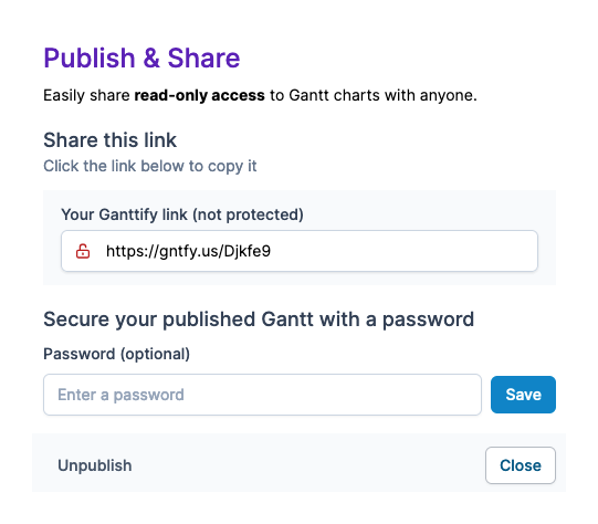 Easily publish created Gantt charts and share with colleagues