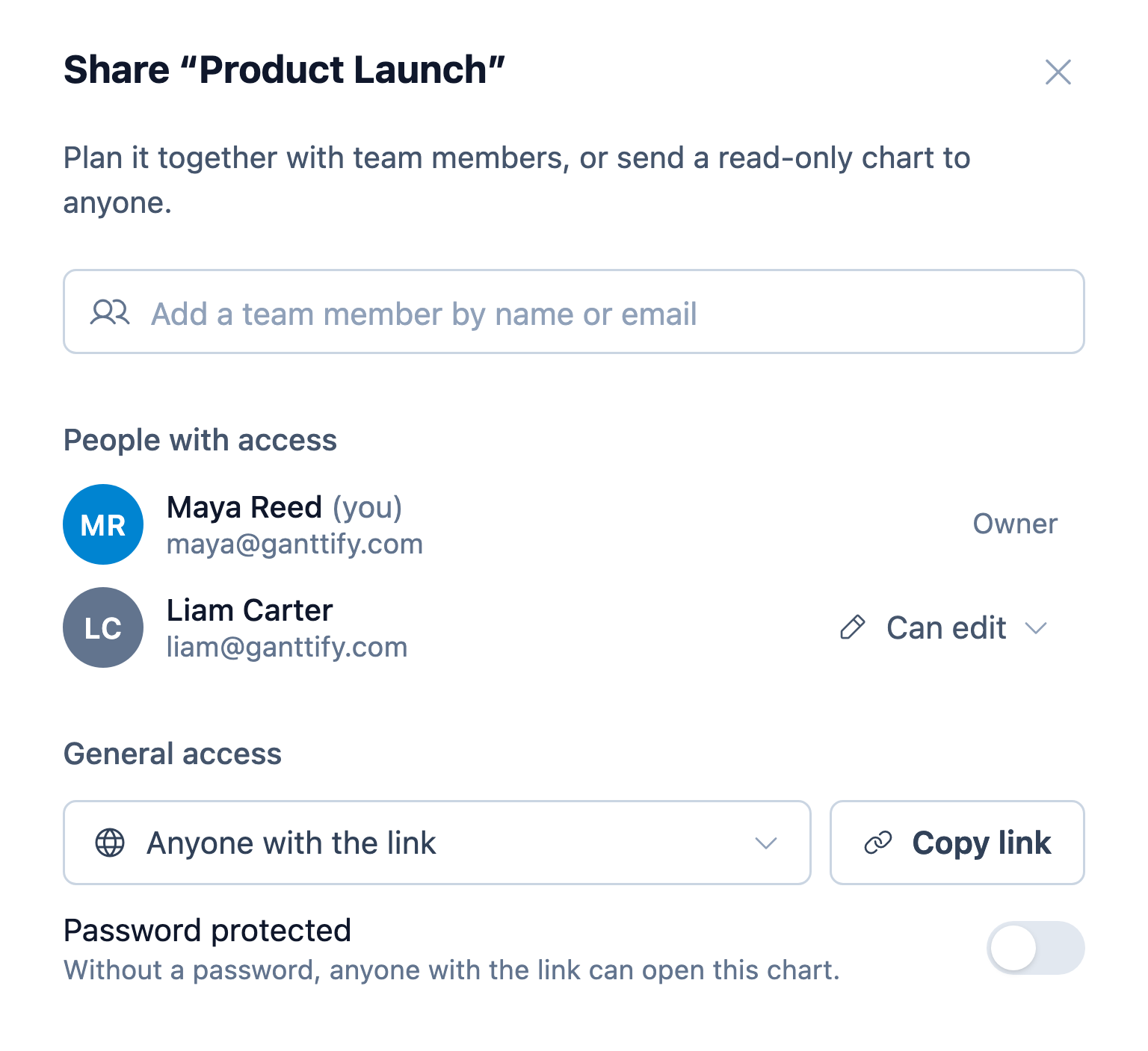 The share dialog with a team member who can edit and a read-only link for anyone